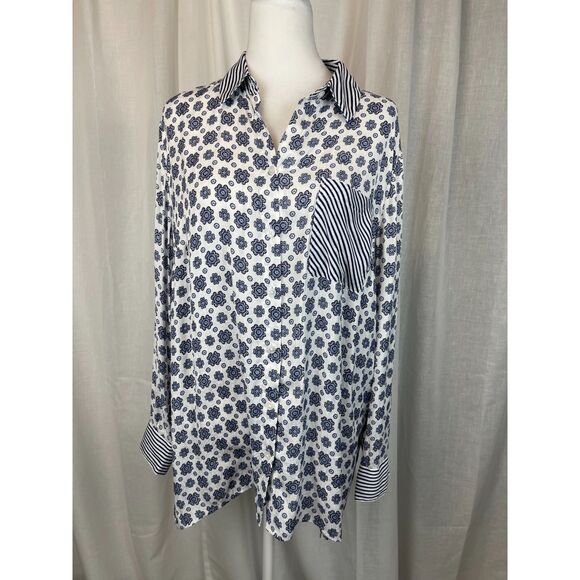 Chico’s Blue Floral & Striped Button-Up Shirt Classic Collared Blouse Size 12/14 - Picture 1 of 6